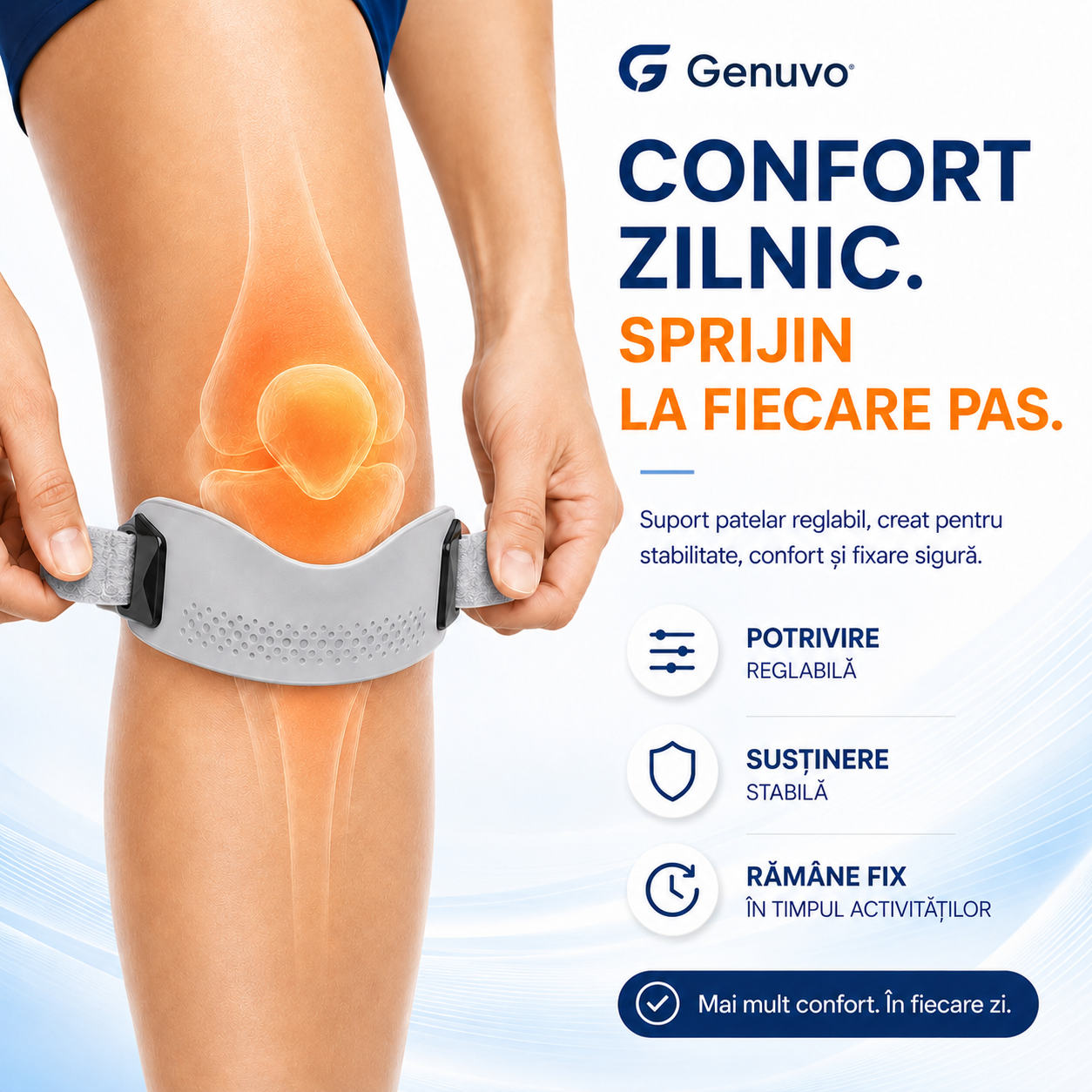 Genuvo™ – Bandă Ortopedică din Silicon pentru Genunchi | Suport Reglabil pentru Rotulă