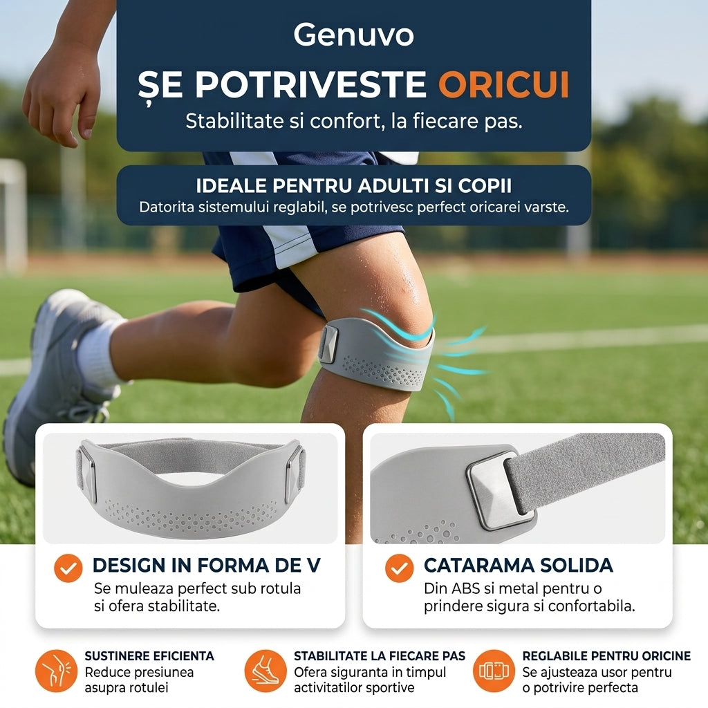 Genuvo™ – Bandă Ortopedică din Silicon pentru Genunchi | Suport Reglabil pentru Rotulă