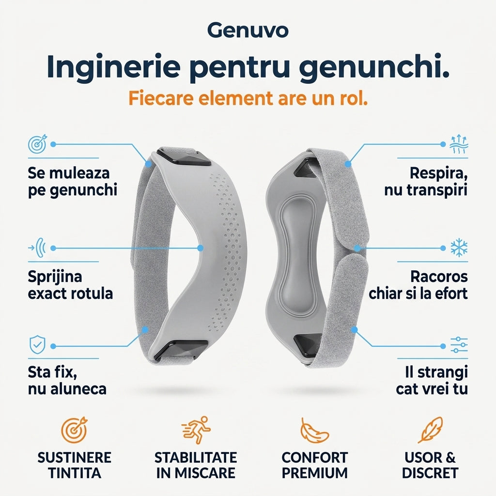Genuvo™ – Bandă Ortopedică din Silicon pentru Genunchi | Suport Reglabil pentru Rotulă