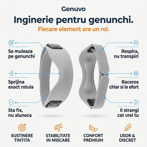 Genuvo™ – Bandă Ortopedică din Silicon pentru Genunchi | Suport Reglabil pentru Rotulă