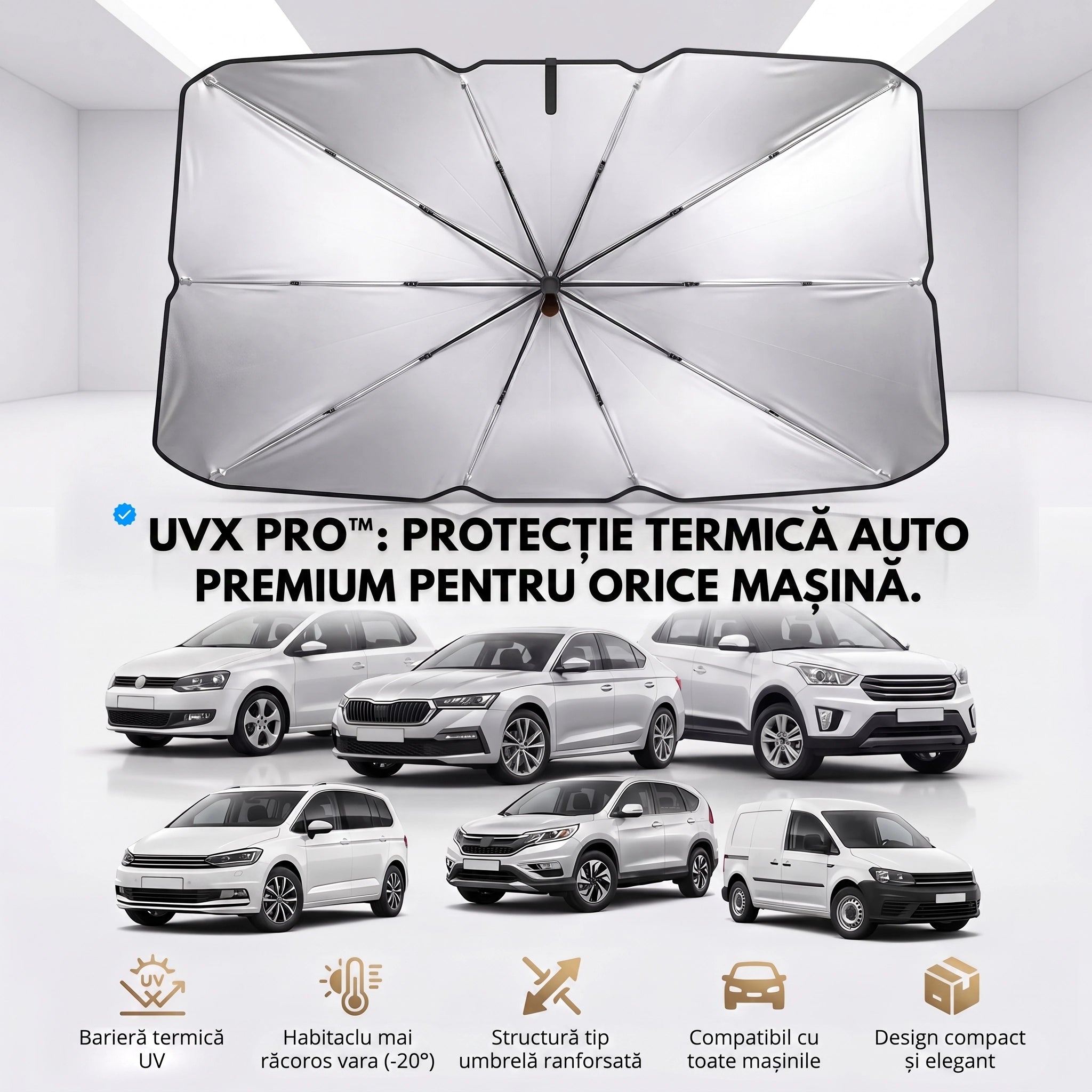 Parasolar Umbrelă UVX Pro - Reduce temperatura din mașină cu până la 30°C